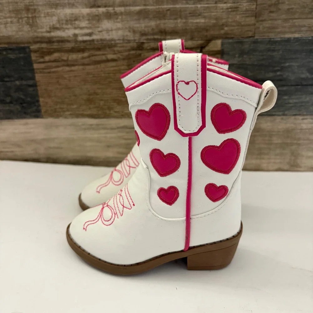 Stepping Stones Toddler Girls White Pink Heart Cowboy Western Boots Size 5